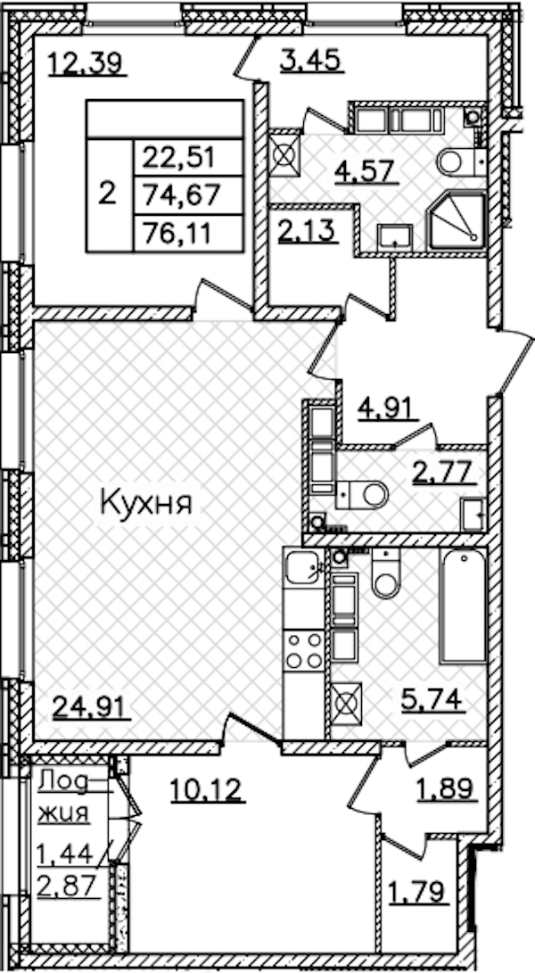 2-комнатная квартира 76.11 м², 20/22 эт., ЖК «БелАрт»