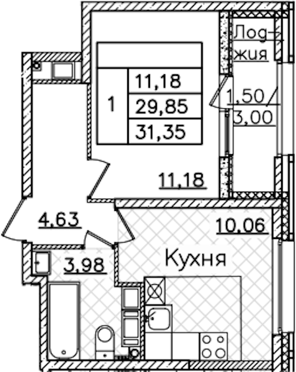 1-комнатная квартира 31.35 м², 22/22 эт., ЖК «БелАрт»