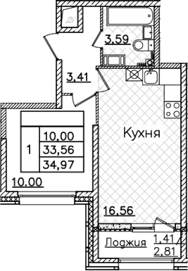1-комнатная квартира 34.97 м², 3/22 эт., ЖК «БелАрт»