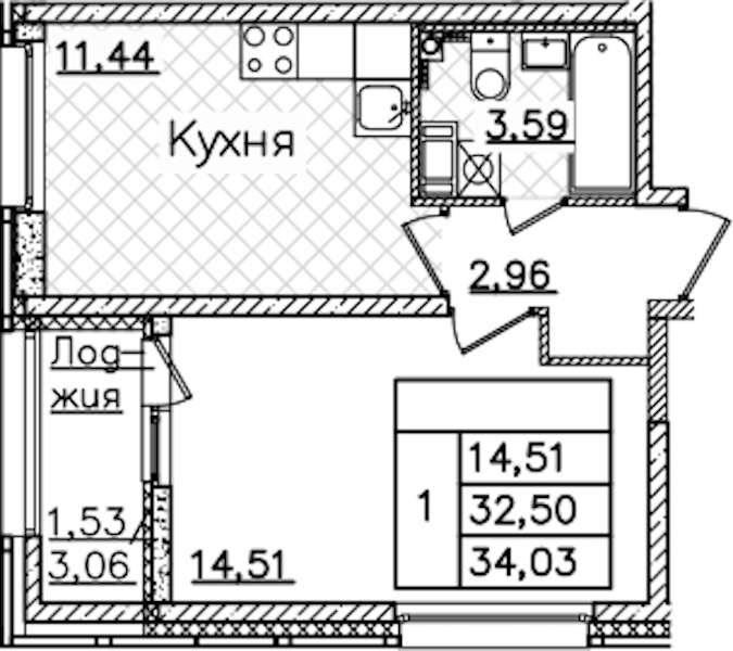 1-комнатная квартира 34.03 м², 3/22 эт., ЖК «БелАрт»