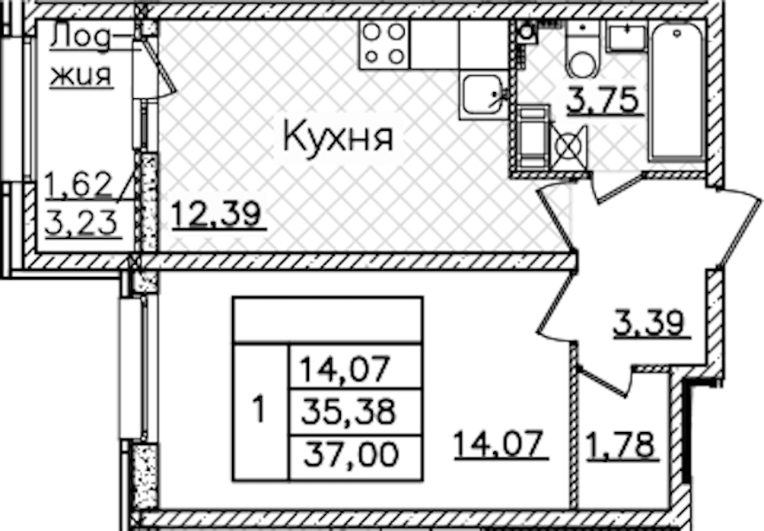 1-комнатная квартира 37 м², 3/22 эт., ЖК «БелАрт»