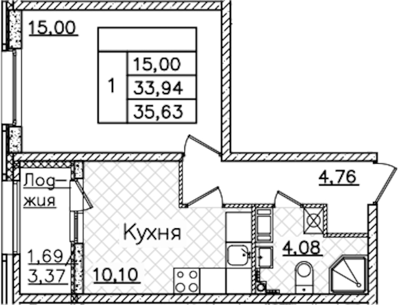 1-комнатная квартира 35.63 м², 3/22 эт., ЖК «БелАрт»