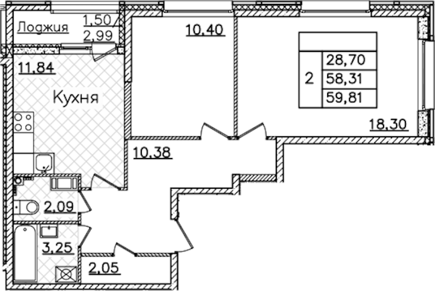 2-комнатная квартира 59.81 м², 5/22 эт., ЖК «БелАрт»