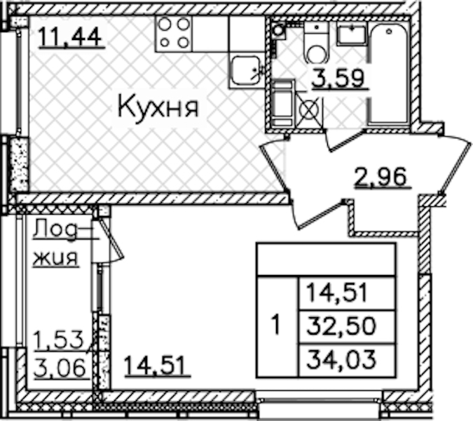 1-комнатная квартира 34.03 м², 5/22 эт., ЖК «БелАрт»