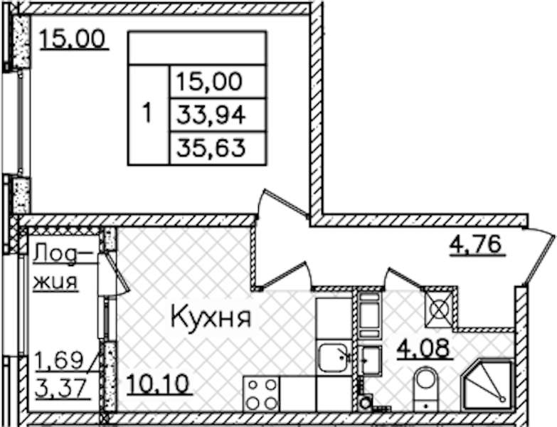 1-комнатная квартира 35.63 м², 5/22 эт., ЖК «БелАрт»