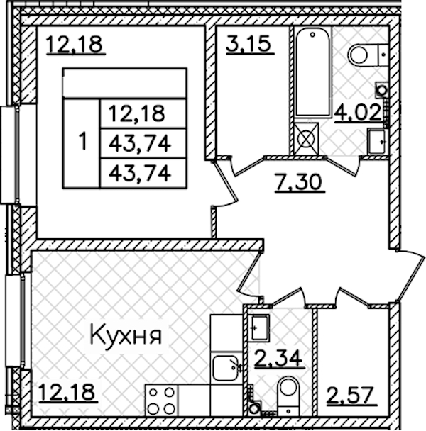 1-комнатная квартира 43.74 м², 1/22 эт., ЖК «БелАрт»