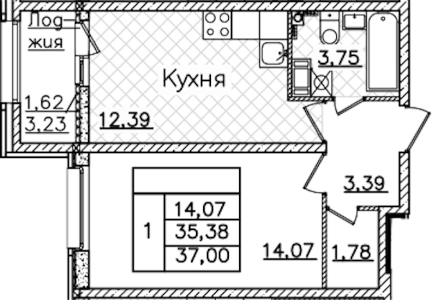 1-комнатная квартира 37 м², 10/22 эт., ЖК «БелАрт»
