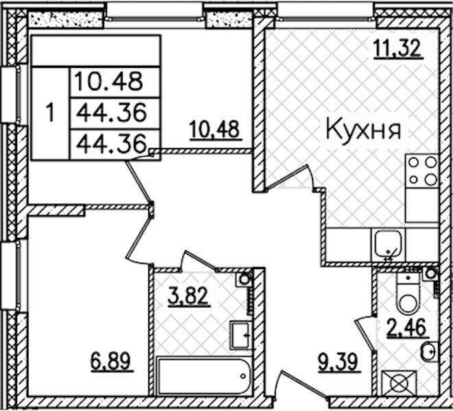 1-комнатная квартира 44.36 м², 1/22 эт., ЖК «БелАрт»