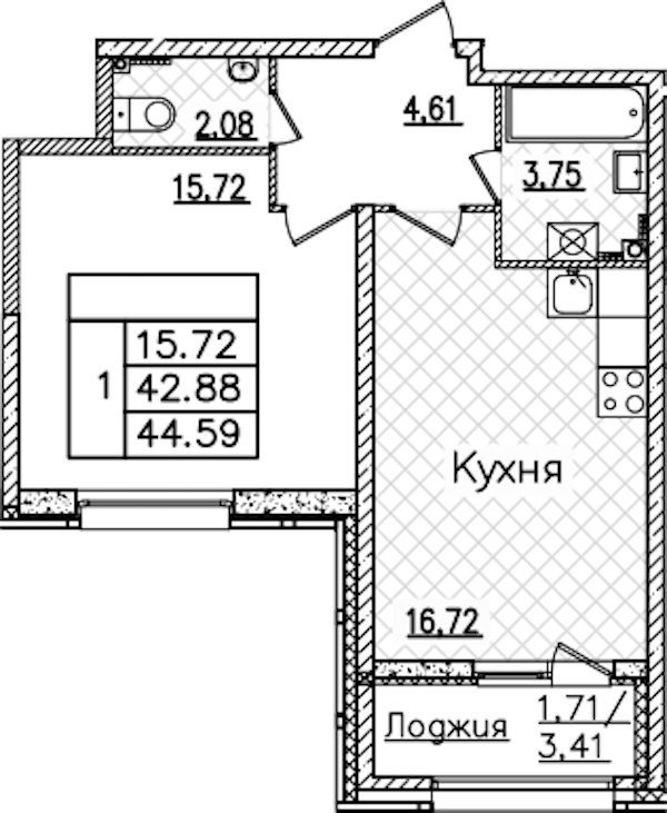1-комнатная квартира 44.59 м², 2/22 эт., ЖК «БелАрт»