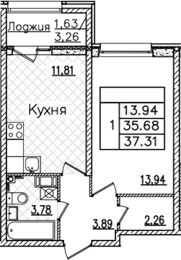 1-комнатная квартира 37.31 м², 3/22 эт., ЖК «БелАрт»