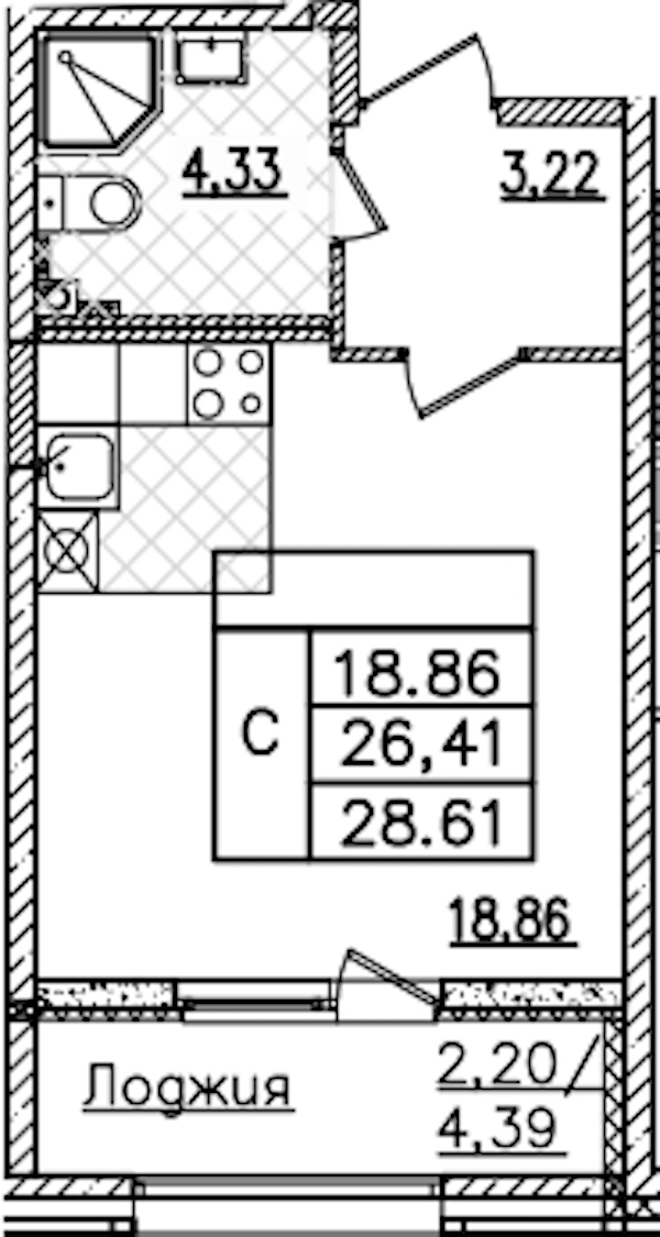 Квартира студия 28.61 м², 3/22 эт., ЖК «БелАрт»