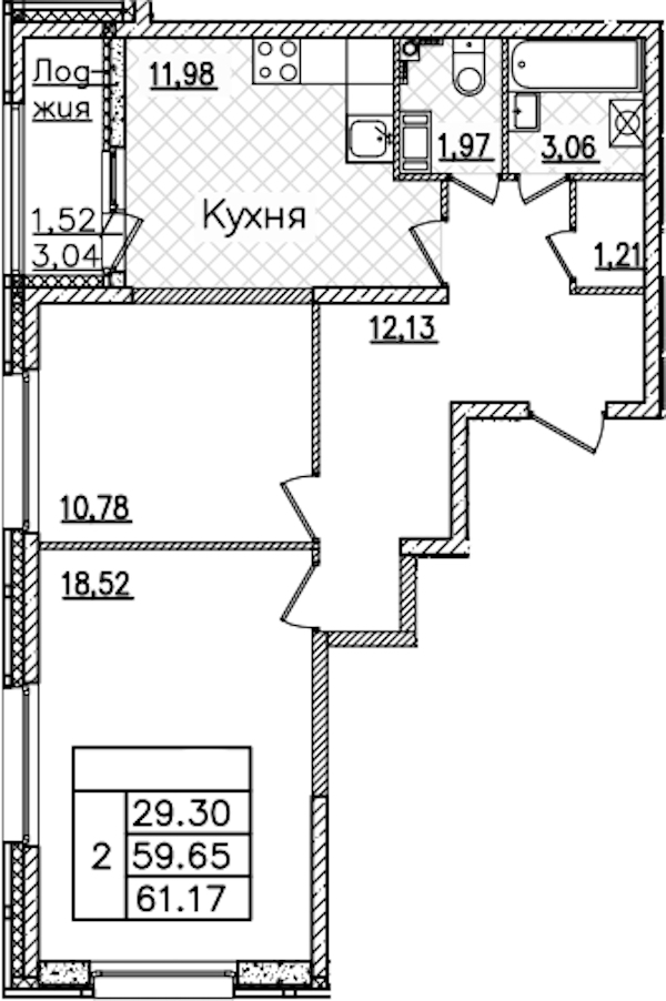 2-комнатная квартира 61.17 м², 3/22 эт., ЖК «БелАрт»