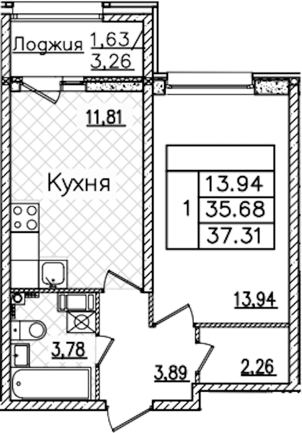 1-комнатная квартира 37.31 м², 8/22 эт., ЖК «БелАрт»