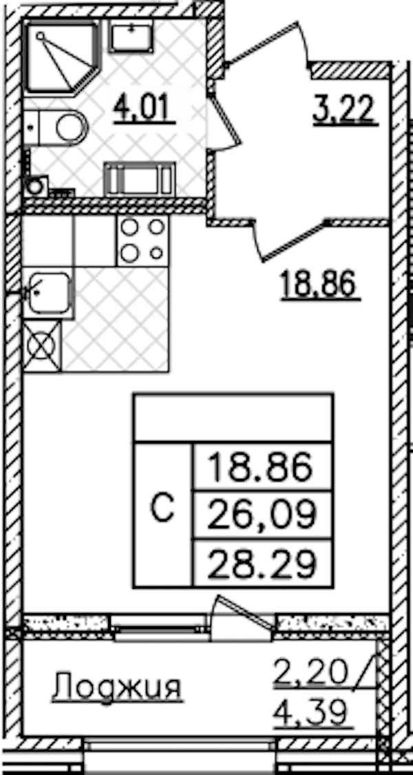 Квартира студия 28.29 м², 8/22 эт., ЖК «БелАрт»