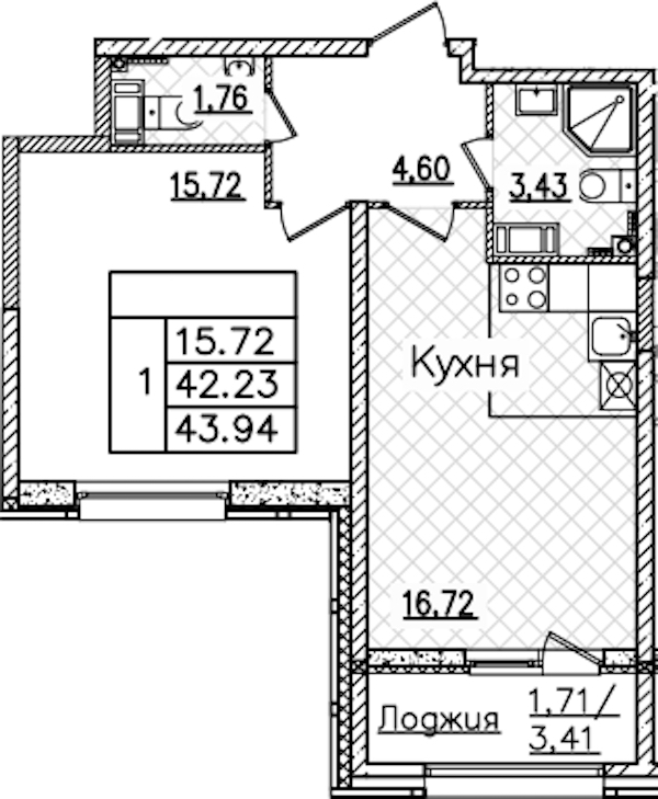1-комнатная квартира 43.94 м², 8/22 эт., ЖК «БелАрт»