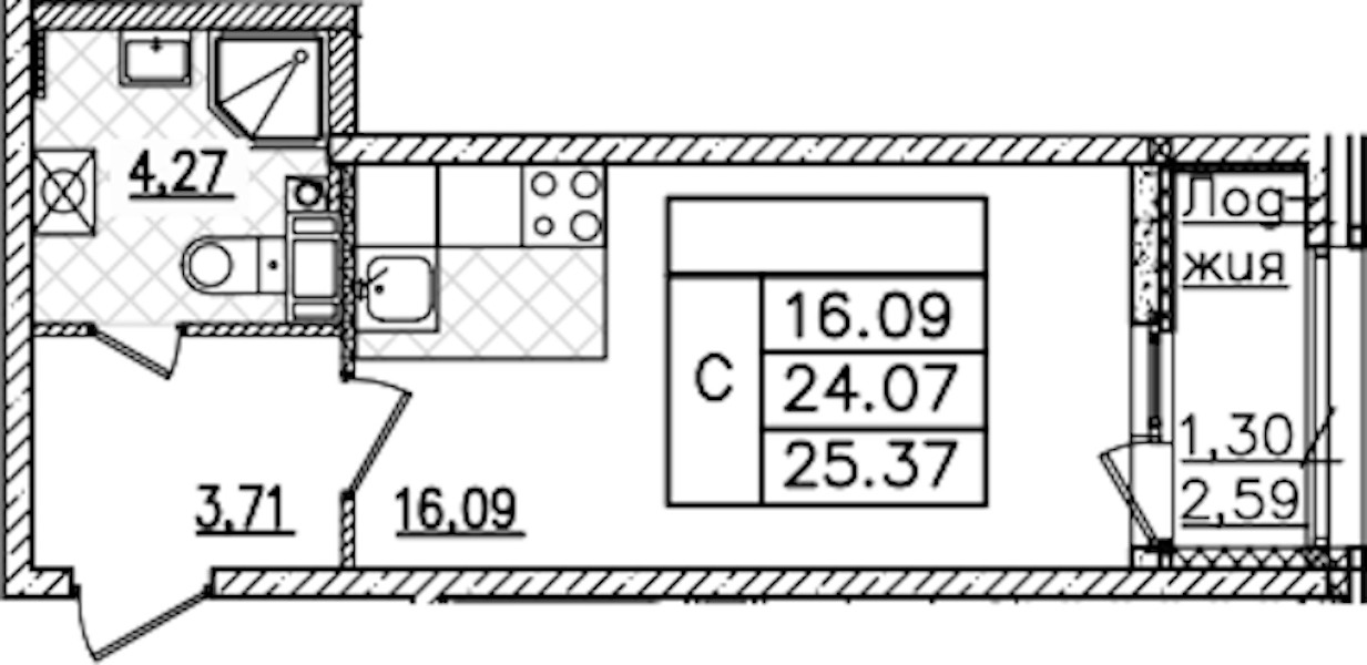 Квартира студия 25.37 м², 9/22 эт., ЖК «БелАрт»