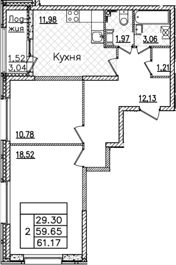 2-комнатная квартира 61.17 м², 9/22 эт., ЖК «БелАрт»