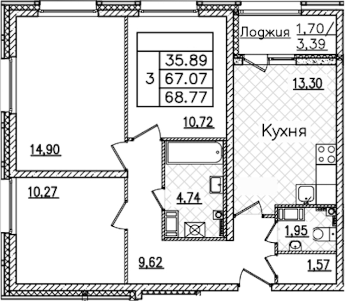 3-комнатная квартира 68.77 м², 11/22 эт., ЖК «БелАрт»