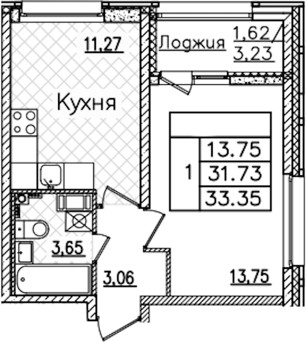 1-комнатная квартира 33.35 м², 11/22 эт., ЖК «БелАрт»