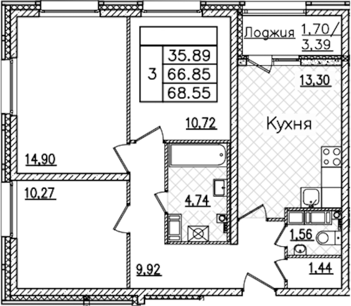 3-комнатная квартира 68.55 м², 13/22 эт., ЖК «БелАрт»
