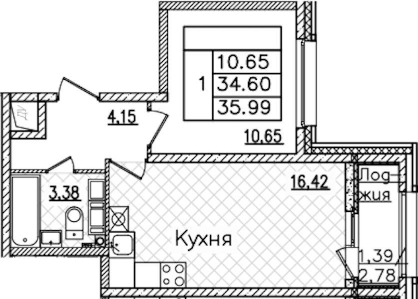 1-комнатная квартира 35.99 м², 13/22 эт., ЖК «БелАрт»