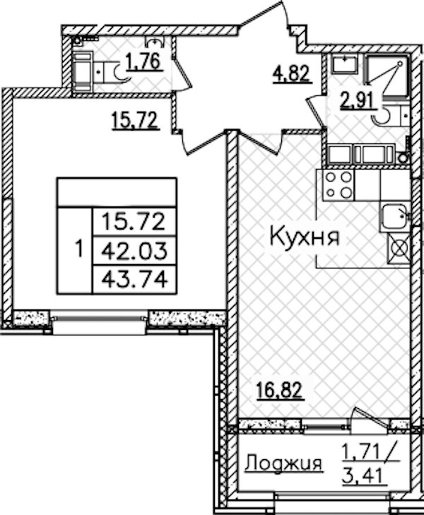 1-комнатная квартира 43.74 м², 13/22 эт., ЖК «БелАрт»