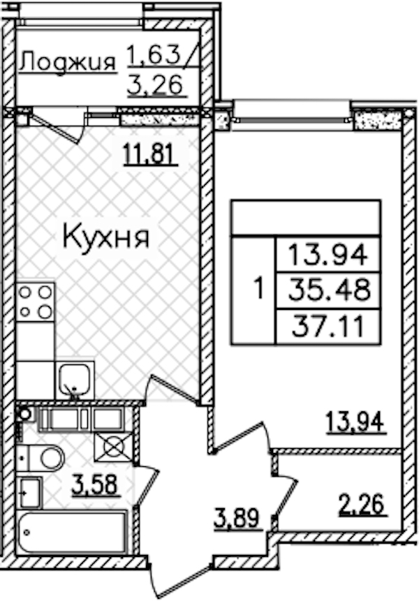 1-комнатная квартира 37.11 м², 15/22 эт., ЖК «БелАрт»