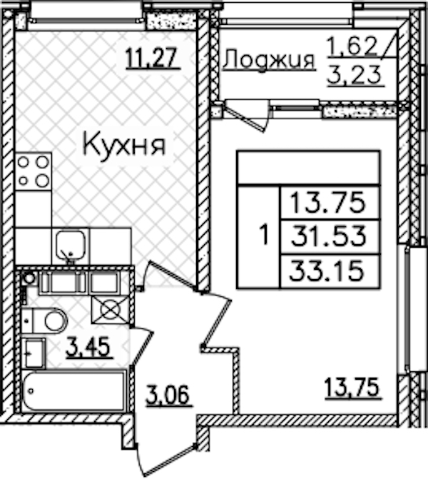 1-комнатная квартира 33.15 м², 15/22 эт., ЖК «БелАрт»