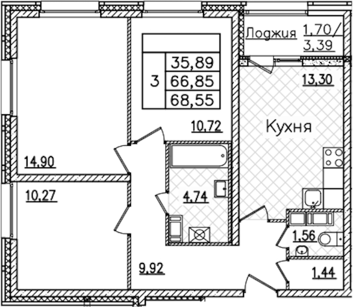 3-комнатная квартира 68.55 м², 16/22 эт., ЖК «БелАрт»