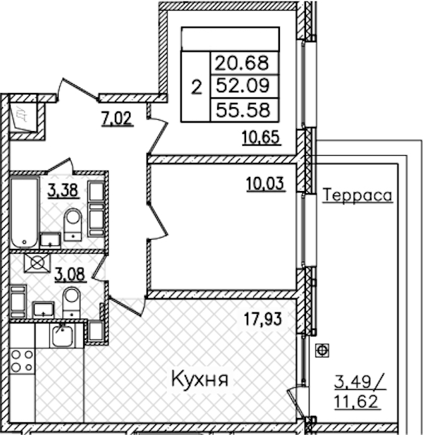 2-комнатная квартира 55.58 м², 16/22 эт., ЖК «БелАрт»