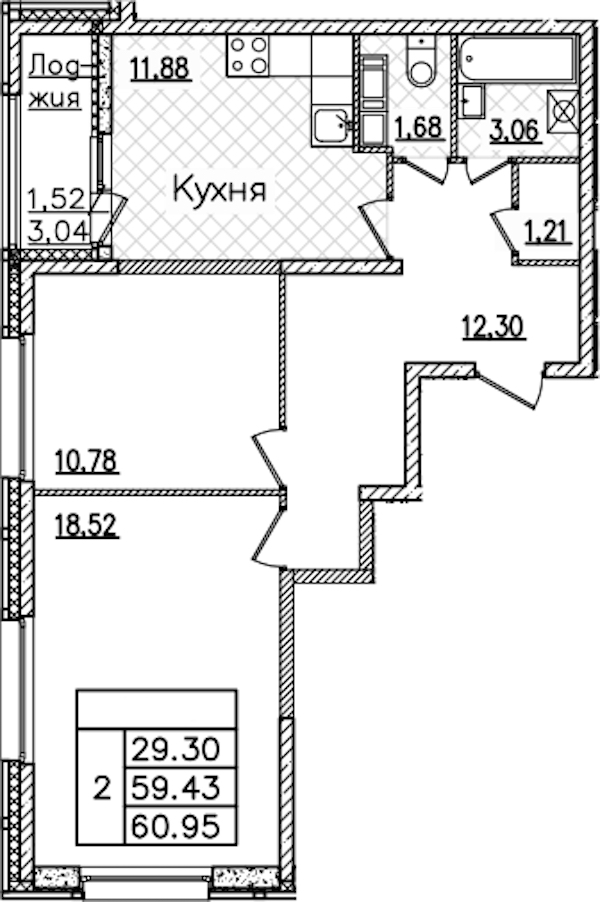 2-комнатная квартира 60.95 м², 16/22 эт., ЖК «БелАрт»