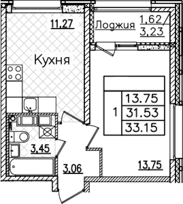 1-комнатная квартира 33.15 м², 17/22 эт., ЖК «БелАрт»