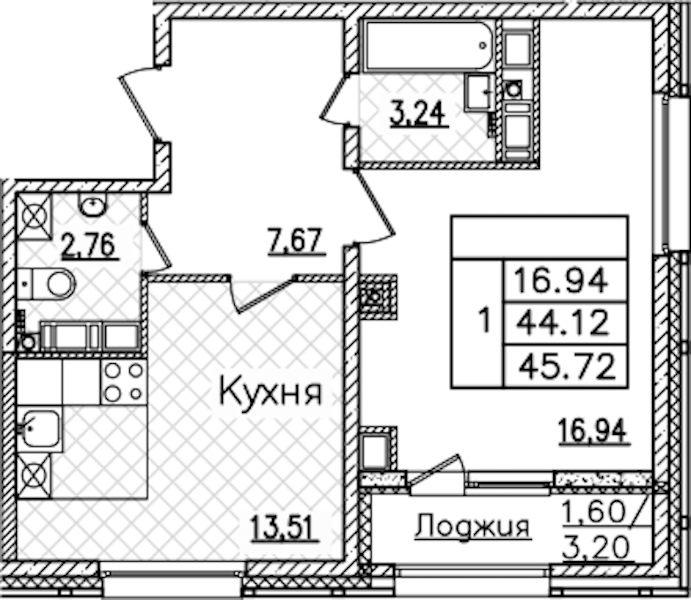 1-комнатная квартира 45.72 м², 17/22 эт., ЖК «БелАрт»