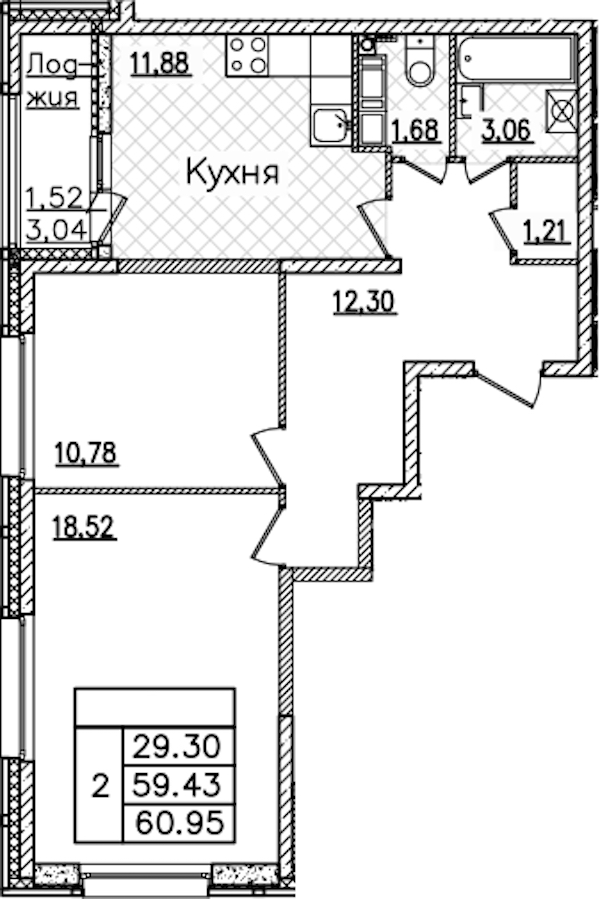 2-комнатная квартира 60.95 м², 17/22 эт., ЖК «БелАрт»