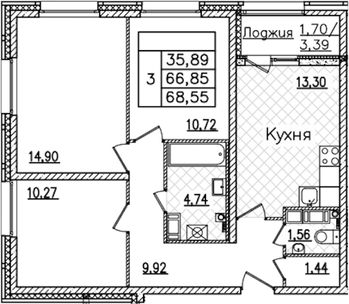 3-комнатная квартира 68.55 м², 18/22 эт., ЖК «БелАрт»