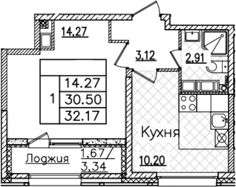 1-комнатная квартира 32.17 м², 18/22 эт., ЖК «БелАрт»