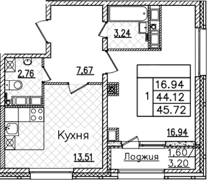 1-комнатная квартира 45.72 м², 19/22 эт., ЖК «БелАрт»