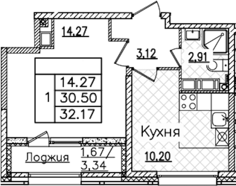 1-комнатная квартира 32.17 м², 19/22 эт., ЖК «БелАрт»