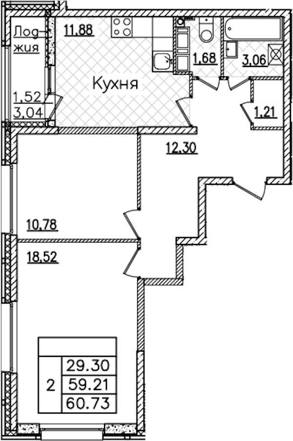 2-комнатная квартира 60.95 м², 19/22 эт., ЖК «БелАрт»