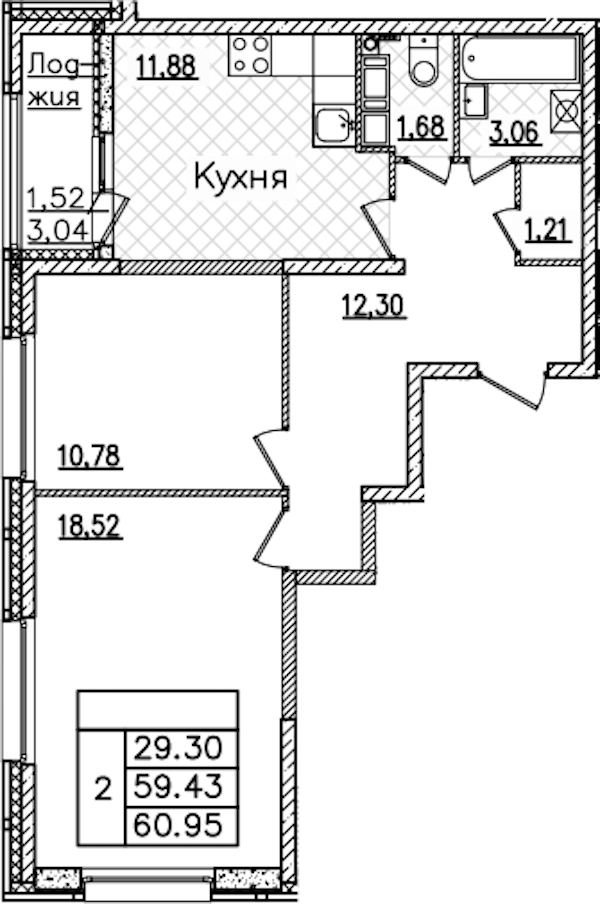 2-комнатная квартира 60.95 м², 20/22 эт., ЖК «БелАрт»