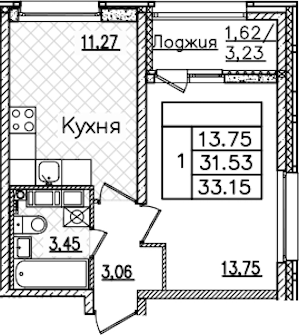 1-комнатная квартира 33.15 м², 21/22 эт., ЖК «БелАрт»