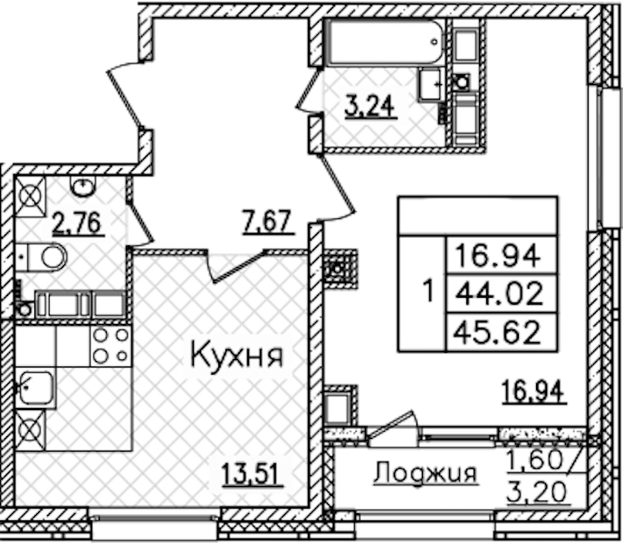 1-комнатная квартира 45.72 м², 21/22 эт., ЖК «БелАрт»