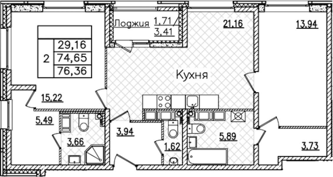 2-комнатная квартира 76.36 м², 22/22 эт., ЖК «БелАрт»