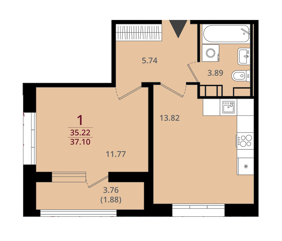 1-комнатная квартира 37.1 м², 4/12 эт., ЖК «Cube»