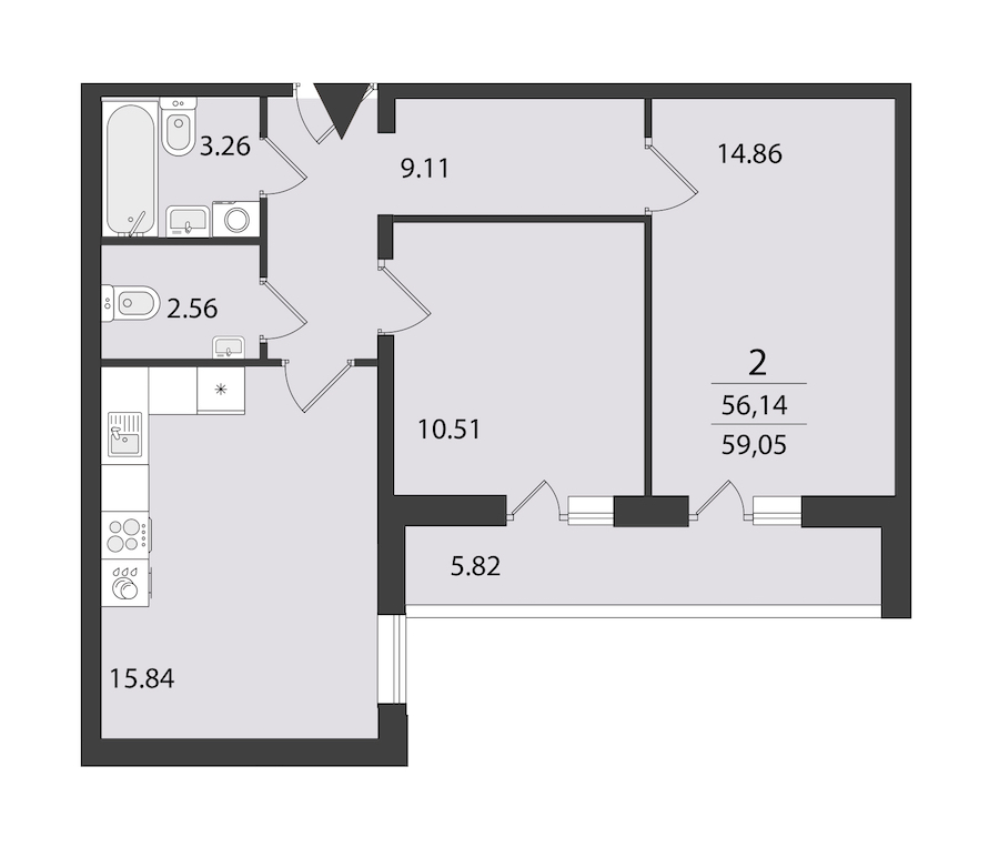 2-комнатная квартира 59.05 м², 3/16 эт., ЖК «Cube»