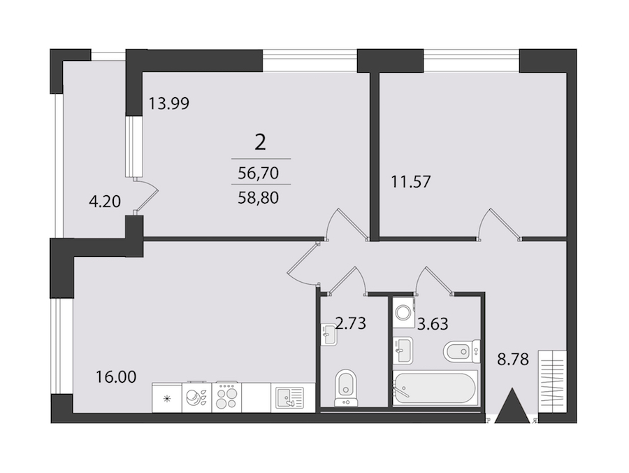 2-комнатная квартира 58.8 м², 2/16 эт., ЖК «Cube»