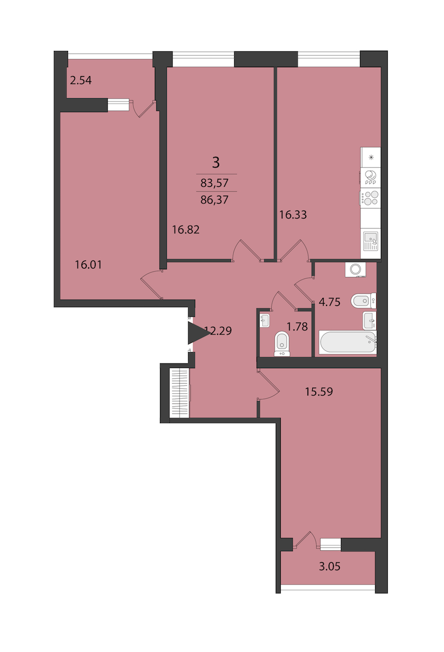 3-комнатная квартира 86.37 м², 2/16 эт., ЖК «Cube»