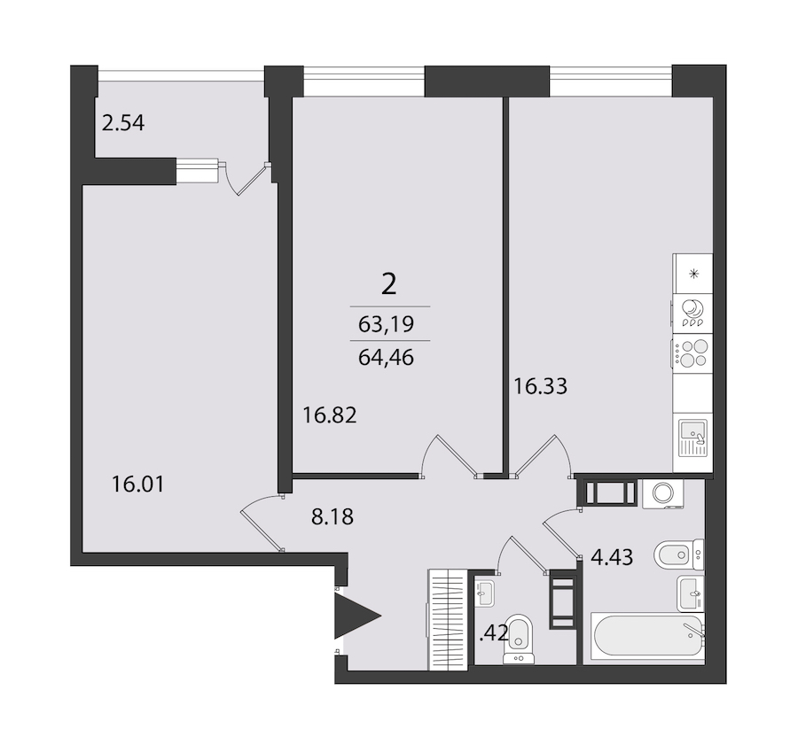 2-комнатная квартира 64.46 м², 3/16 эт., ЖК «Cube»