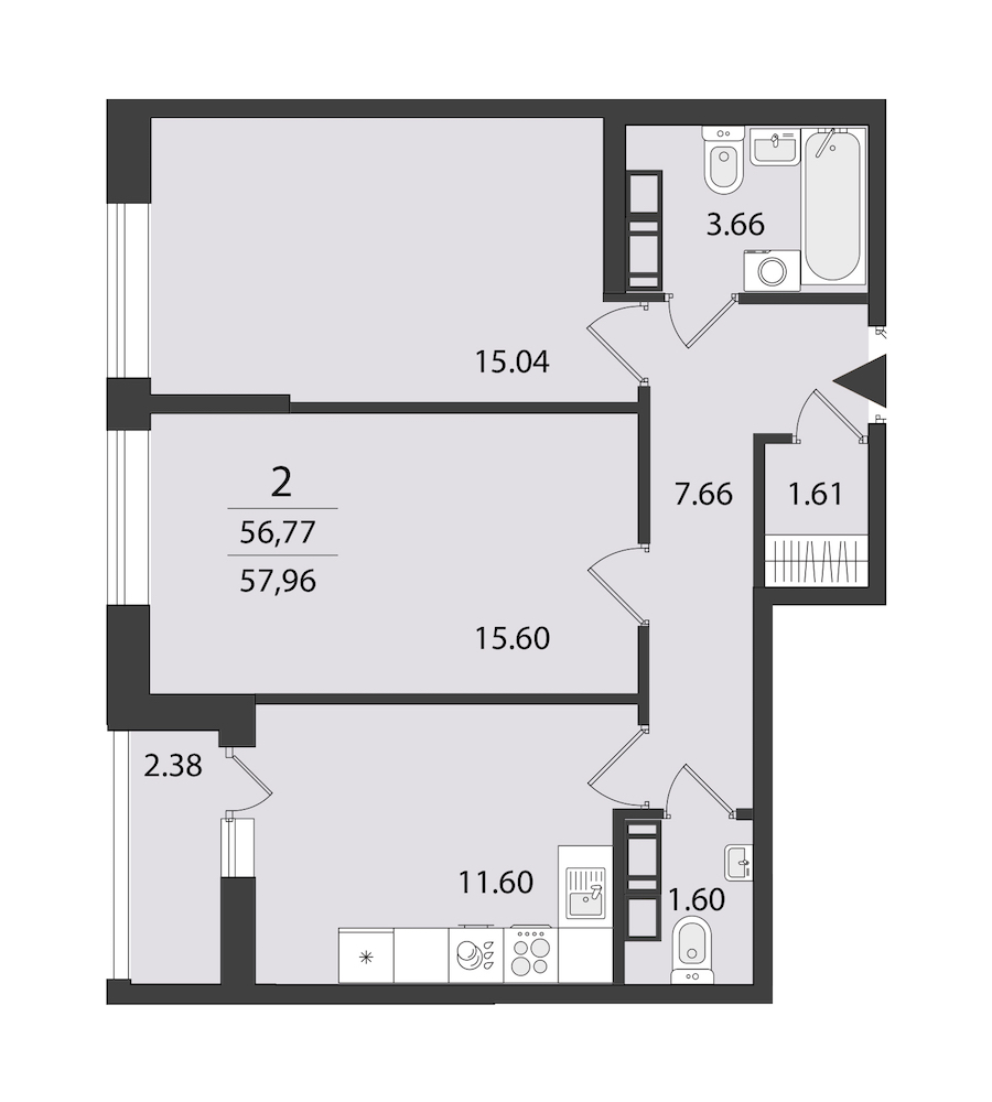 2-комнатная квартира 57.96 м², 16/16 эт., ЖК «Cube»
