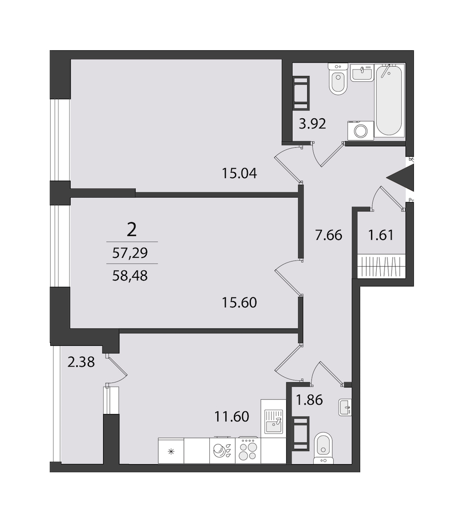 2-комнатная квартира 58.48 м², 12/16 эт., ЖК «Cube»